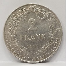 BELGIUM 1911 . TWO 2 FRANCS COIN . KEY DATE
